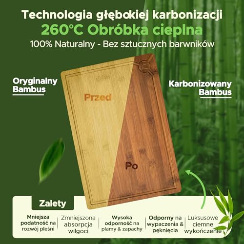 naturlik XXL Deska do Krojenia Bambusowa Karbonizowana 45x30cm - Duża Drewniana Deska Kuchenna z Rowkiem i Uchwytami - Ekologiczna, do Mięsa, Warzyw i Serów - Olejowana Premium
