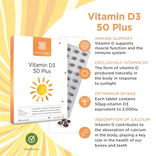 Healthspan Vitamin D3 50 Plus 2000iu (180 Capsules) | Ideal for Anyone Over 50 | Super Strength | Immune Health | Bone, Teeth & Muscle Health | Vegetarian - Image 2