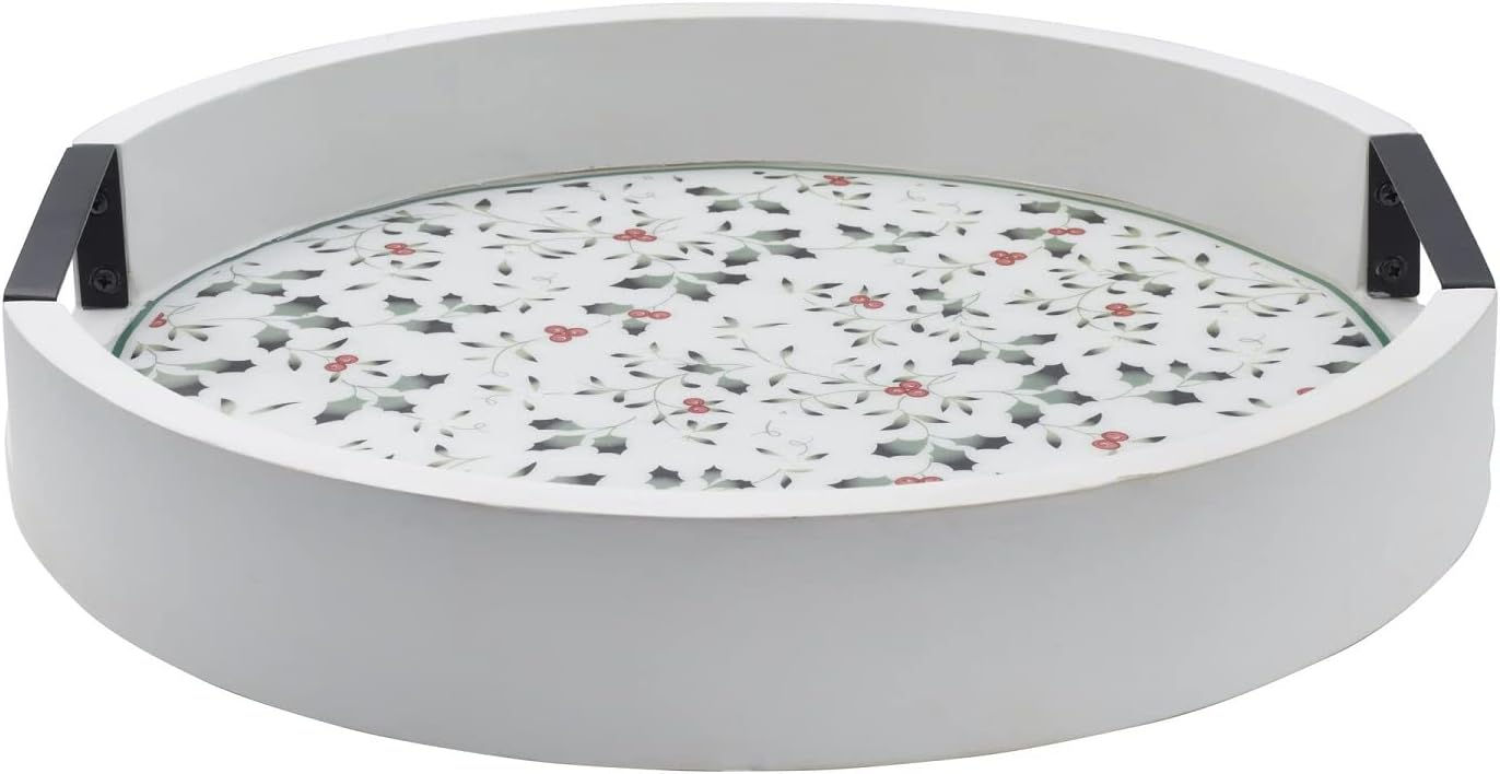 Pfaltzgraff Winterberry Mango Wood Lazy Susan Serving Tray, 16-Inch, White