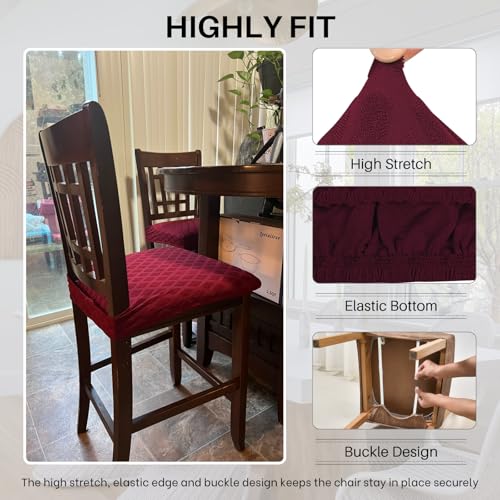 Image of SearchI Stretch Dining Chair Seat Covers Set of 4, Soft Removable Washable Seat Covers for Dining Chairs, Dining Room Seat Cover Slipcover Protector (Rear-Covered, Red Diamond Jacquard)