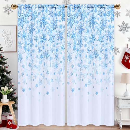 Yinhua Christmas Curtains for Living Room, Blue Snowflake Blackout Curtains