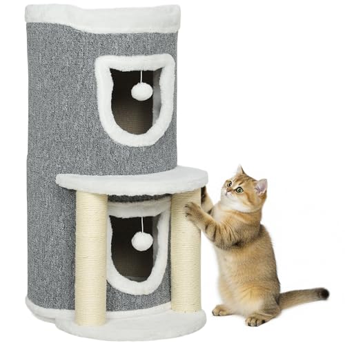 PawHut Albero Tiragraffi per Gatti Alto 76 cm, Torre per Gatti e Gattini a Cilindro con Casette, Lettino Superiore, Palline e Pali in Sisal, Grigio