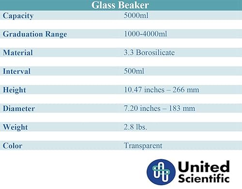 United Scientific™ Bg1000-5000 Borosilicate Laboratory Grade Glass Beakers | Griffin Style Low Form Beaker | Graduated With Spout | Designed For Laboratories & Chemistry Classrooms | 5000Ml Capacity #TOP1
