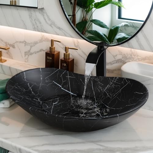 Kukworye Ceramic Black Bathroom Sink with Marbling, 24in Oval Porcelain