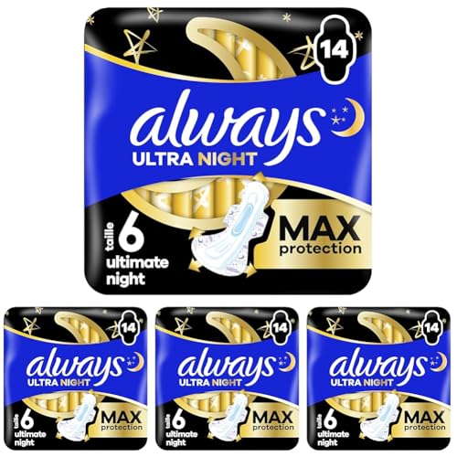 Always Serviettes Menstruelles Ultimate Nuit (Taille∘6) Ailettes x 14, Super Absorbantes, Pour Règles (Lot de 4)