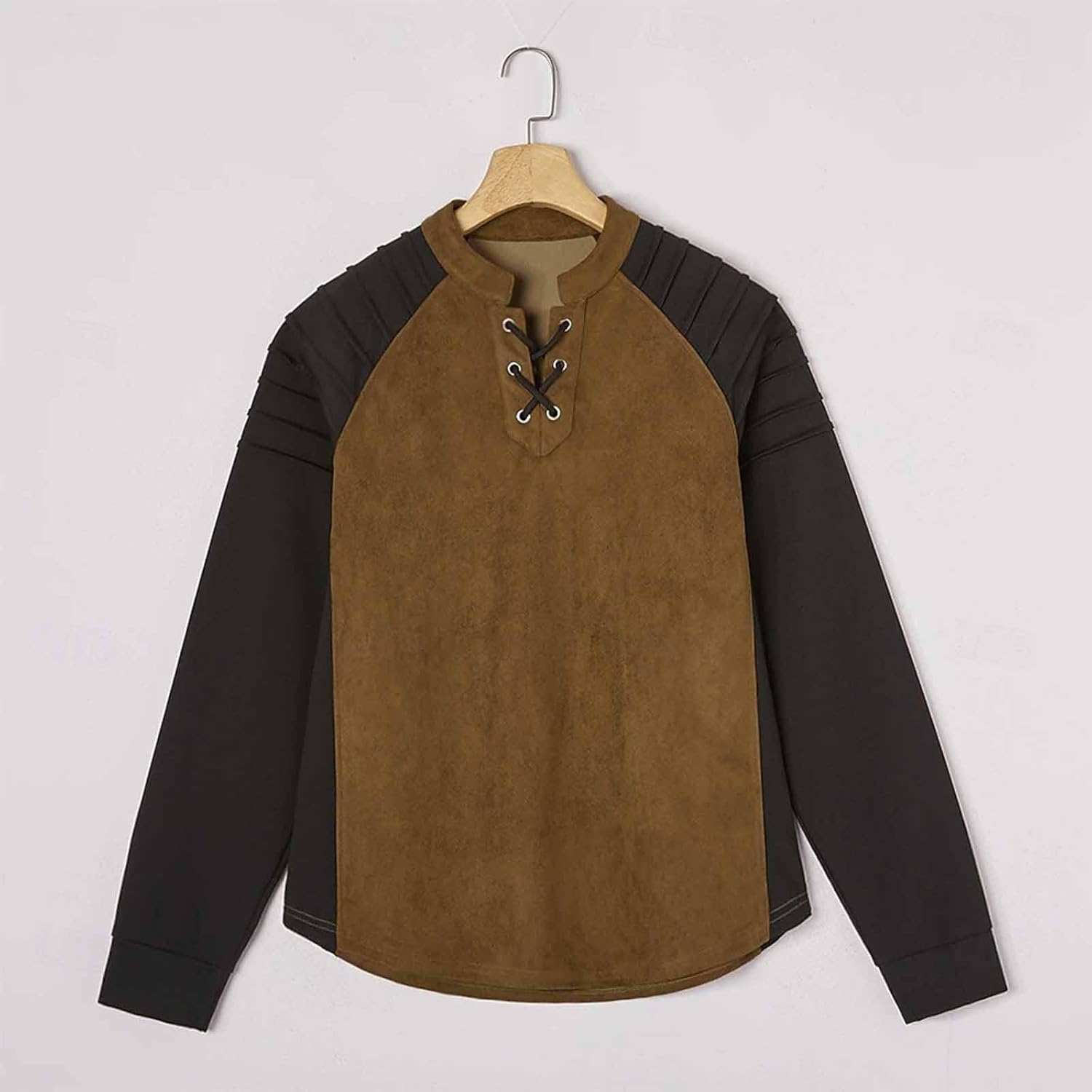 2026 Men's Henley Shirt Long Sleeve Lace Up Vintage Solid Casual T-Shirt Tactical Patchwork Western Tee Sports Tops