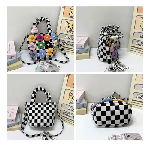Checkered Crossbody Bag Cute Flower Checkered Bum Tote Bag with Charm Bum Bags for Women Alt Trendy Canvas Shoulder Bags4