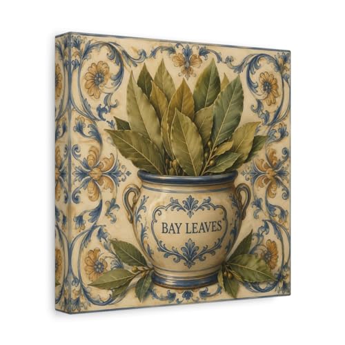 Toile vintage cuisine feuilles de laurier décoration carrée 25 cm pour un intérieur chaleureux