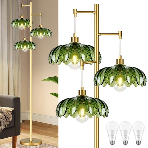 Opiniones y reviews de Lámpara de piso los mejores 10. 50 Lámparas de pie doradas y verdes de ZECOXOL, lámpara de pie clásica de vidrio con tres bombillas LED, lámpara de pie alta moderna de mediados de siglo para sala de estar y...