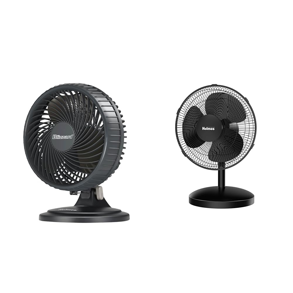 HOLMES 7" 2-Speed 3-Blade 85° Oscillating & 12" 3-Speed 75° Oscillating Table Fans, Home/Office
