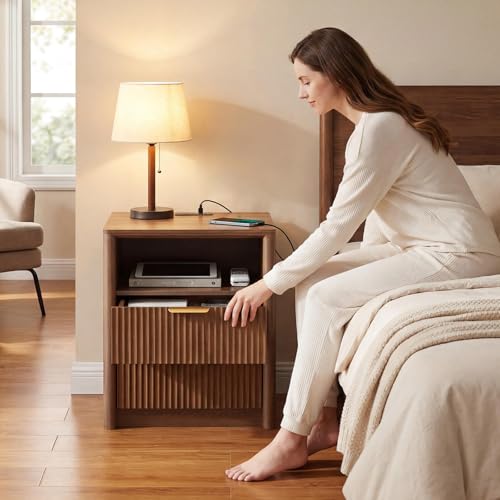 Image of LYNCOHOME 19.7 inch Fluted Nightstand with Charging Station, 2 Drawer Bedside Table, Modern Night Stand with Curved Edge Design, Wooden End Table for Bedroom, Rounded Night Stand with Storage, Walnut