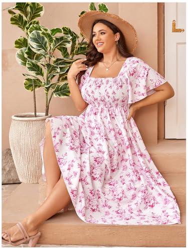 Image of Floerns Women's Plus Size Floral Square Neck Flounce Short Sleeve A Line Maxi Dress