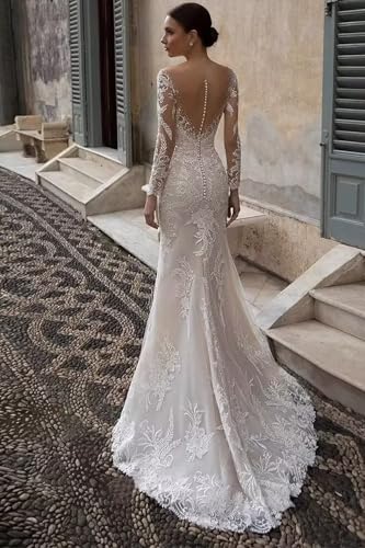 Wedding Dresses for Bride Mermaid Long Sleeves Lace Appliques V-Neck Backless Boho Bridal Gowns4
