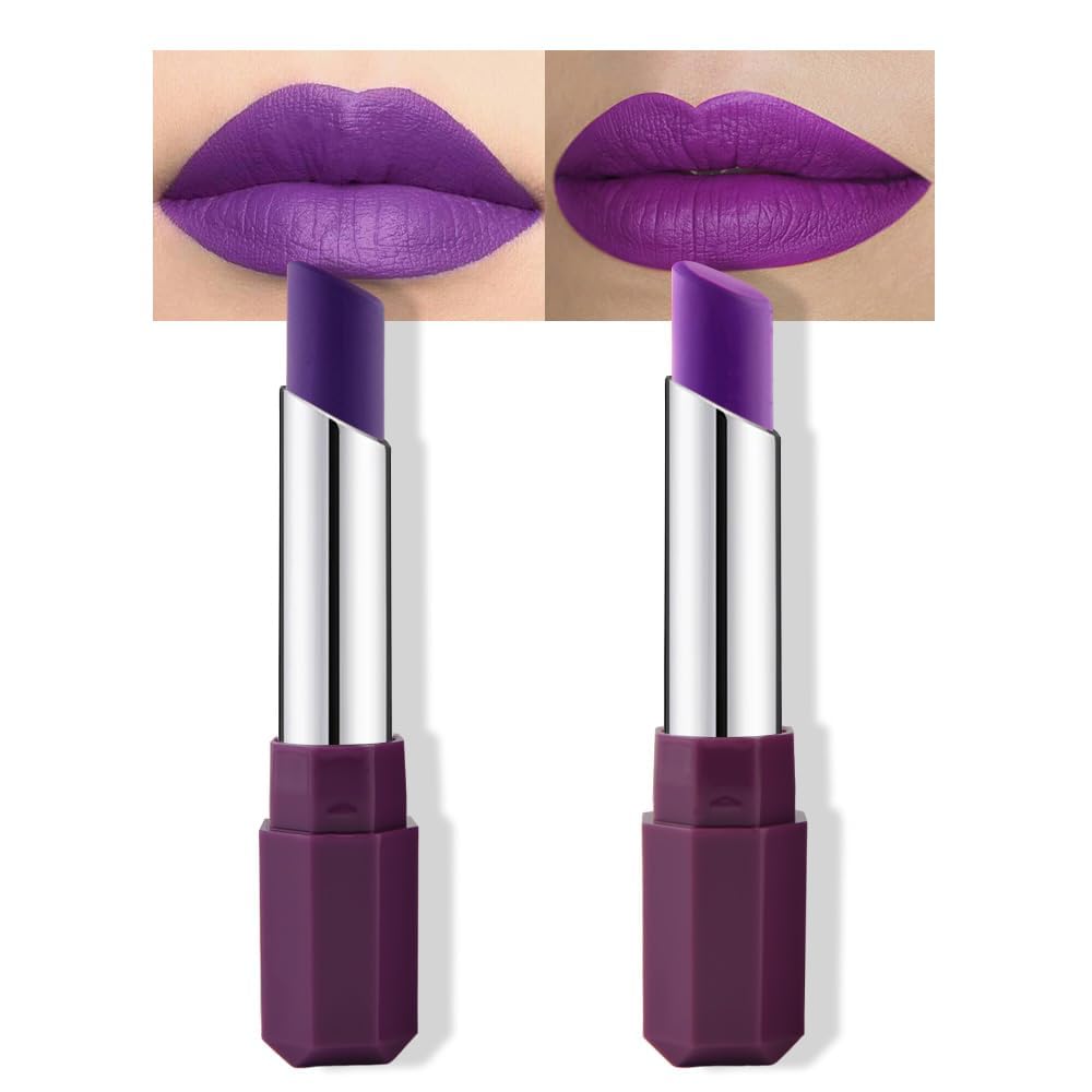 2Pcs Purple Matte Cream Lipstick Set for Women, Grape & Violet, Twist-Up Smooth Long-Lasting Lip Color, Lightweight Hydrating Velvet Finish for Everyday Makeup Holiday Party Evening A-2Pc Grape Seed & Violet Purple