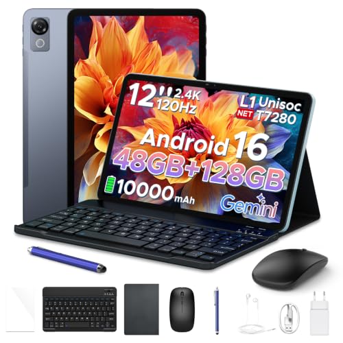 BIRDCLAW P12 Tablet Android 16, Tablets 12 Zoll 120Hz, 10000mAh, T7280 Octa-Core, 8MP+13MP, 48GB RAM+128GB ROM/2TB TF, 5G WiFi, 7,8 mm dünn, Gemini AI, Face ID/GPS/OTG/FM, Tablet mit Stift