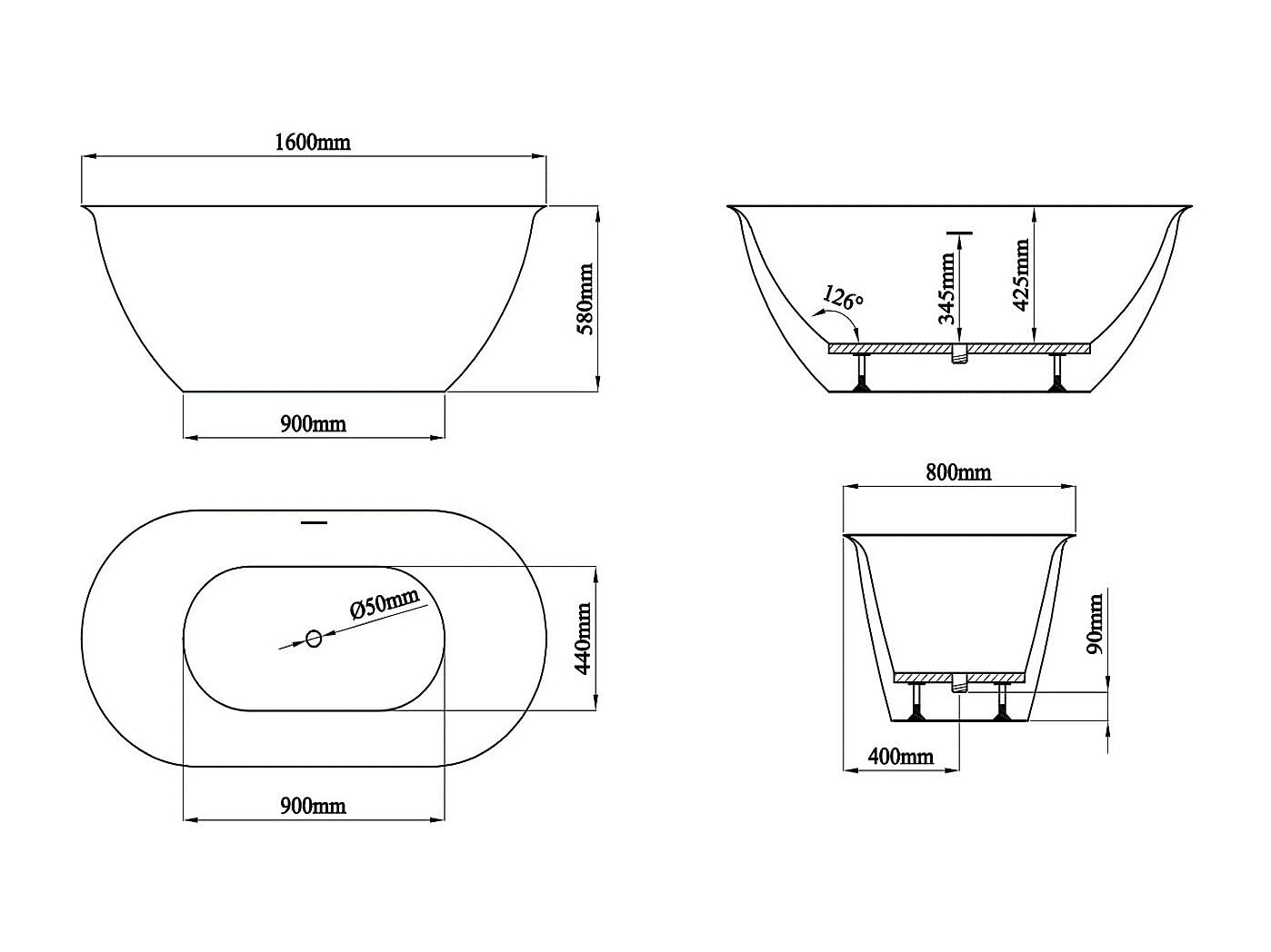 Vente-unique - Bañera exenta Sortino - L 160cm x A 80cm x H 58cm - acrílico - blanco