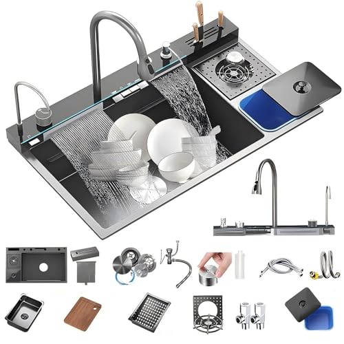 Image of B Backline Single Bowl Kitchen Sink - 32 inch X 19 inch X 9 inch Inches | Smart Kitchen Sink With Waterfall Tap & Dustbin | 304-Grade Stainless | All In One Sink With All Accessories - Black Matt Color
