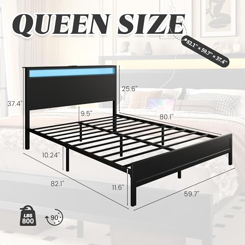 Image of Fluest Queen Bed Frame with Headboard & Footboard, Bed Frame with Built-in Charging Station & LED Light, Storage Shelf, Noise-Free, No Box Spring Needed, Easy Assembly, Classic Black