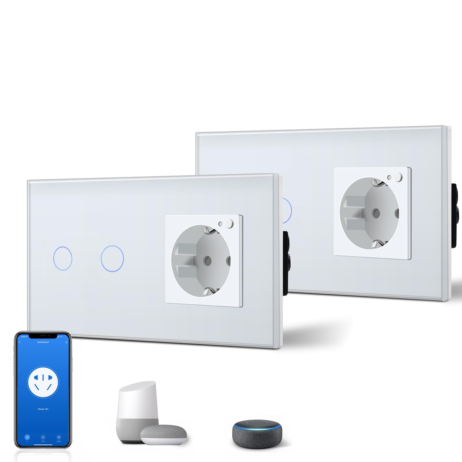 BSEED WiFi Smart Alexa Lichtschalter mit Steckdose, Kompatibel mit Google Home Tuya, Glas Touchscreen-schalter Wlan Lichtschalter 2 Fach 1 Weg Weiß (Neutrale Leitung Benötigt) 2er Pack