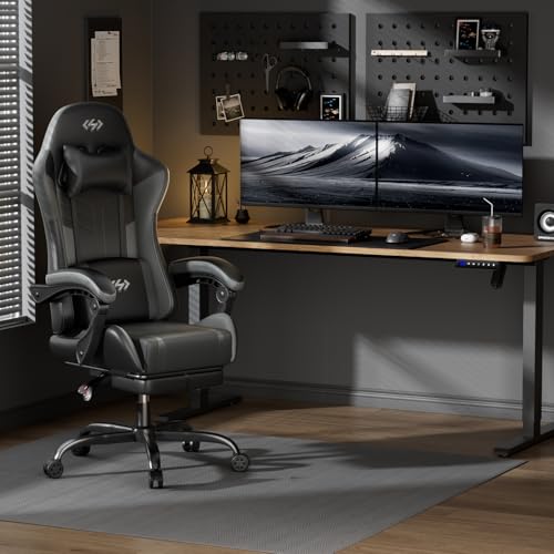 Image of HLDIRECT Gaming Chair, Ergonomic Video Game Seat with 360 Swivel & Lumbar Massage, Computer Chair PU Leather Cushion for Adults Home /Office Use (Black & Grey)