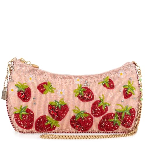 Mary Frances Strawberry Fields Beaded Crossbody Clutch Handbag – Statement Evening Bag with Removable Chain Strap, Pink