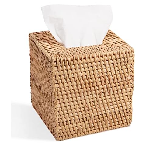 Livelab Rattan Tissue Box Cover, Square Hand Woven Natural Wicker Tissue Box Holder, Decorative Facial Napkin Holder Tissue Box Organizer Dispenser | Natural Cover