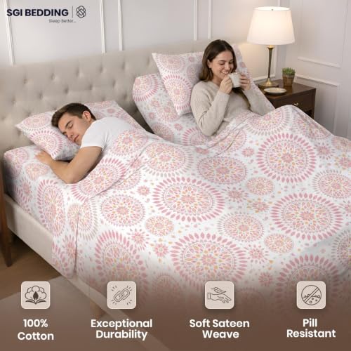 Image of SGI Split King Sheet Set for Adjustable Bed Egyptian Premium Cotton 600 Thread Count Sheets for Sleep Number Bed 15 inch Deep Pocket 5 Pc Set with 2 Twin XL Fitted Sheets Soft Breathable - Boho Mandala