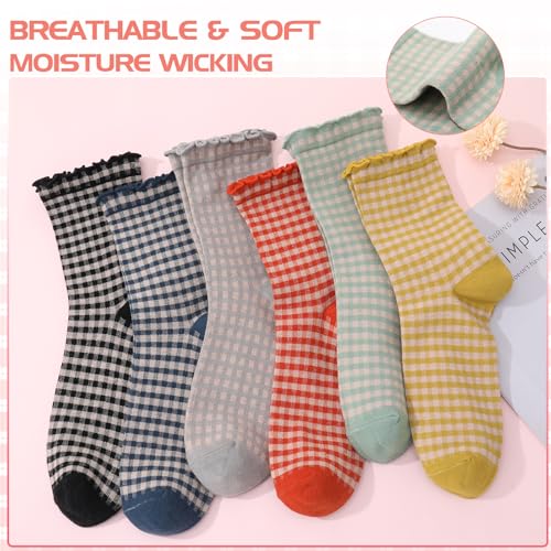 Image of 6 Pairs Women Ruffle Striped Frilly Socks, Cute Checkered Ankle Sock for Women Cotton Knit Casual Crew Socks