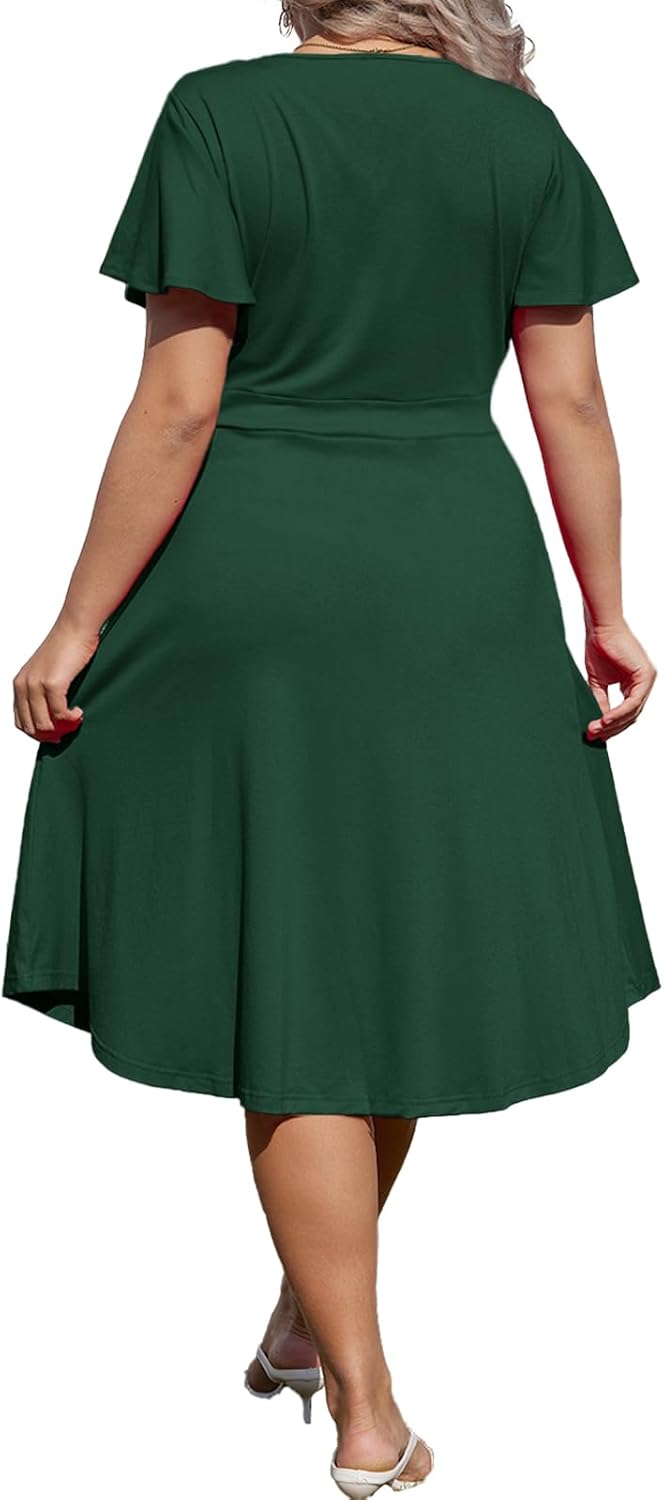 Women's Plus Size V Neck Dress Short Ruffle Sleeve Casual Summer Waistline Tunic Midi Dress with Pockets - Image 4