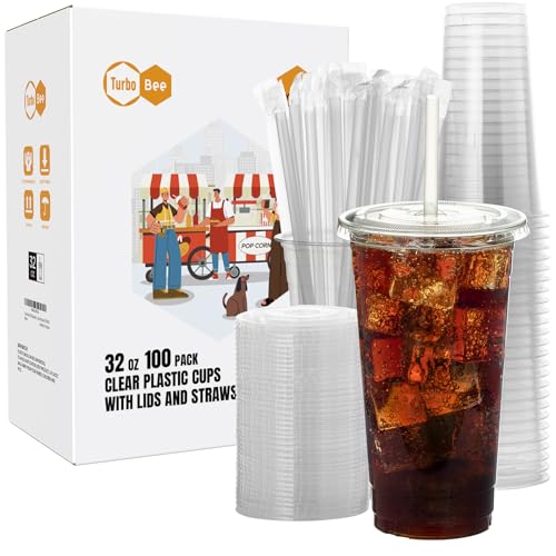 Turbo Bee 100 Sets 32 OZ Clear Plastic Cups with Lids and Straws Disposable To Go Iced coffee cups with lids for Cold Drinks Smoothie and Slushie