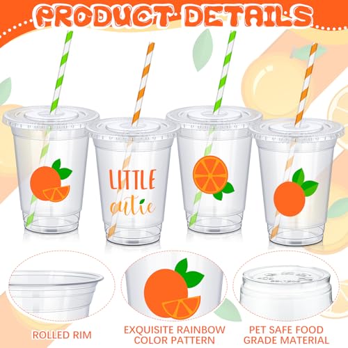 meekoo 100 Set 12 oz Little Cutie Baby Shower Decoration Cups Clear Disposable Orange Party Plastic Cups with Paper Straws and Lids for Birthday Baby Shower Drinkware Party Favors