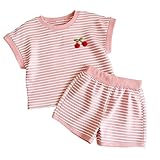 Banmave Textured Striped Outfits Cherry Applique Crew Neck Short Sleeve Top And Elastic Waist Shorts Fashion Cute Two Piece