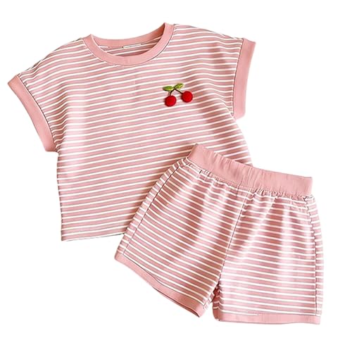 Banmave Textured Striped Outfits Cherry Applique Crew Neck Short Sleeve Top And Elastic Waist Shorts Fashion Cute Two Piece