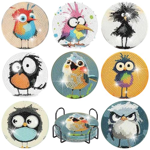 8 Pcs Retro Birds Diamond Art Coasters Kits for Adults with Holder Cute and Funny Bird Pattern Wooden Diamond Painting Coasters Kits DIY Diamond Dots Art Painting Coaster Crafts Kit for Home Decor