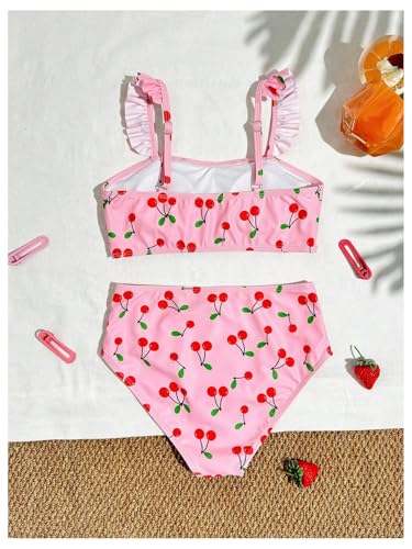 Image of RoseSeek Girl's 2 Piece Cherry Print Swimwear Ruffle Trim Ruched Bathing Suits Cute Swimsuits