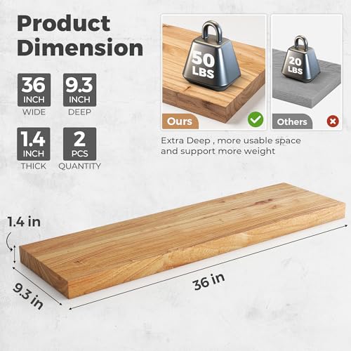 Image of RICHFOCUS Elm Floating Shelves for Wall - 36 inch W x 9.3 inch D Rustic Solid Wood Shelves with Invisible Bracket, Wall-Mounted for Living Room, Bedroom, Kitchen Storage & Display, Set of 2, Natural