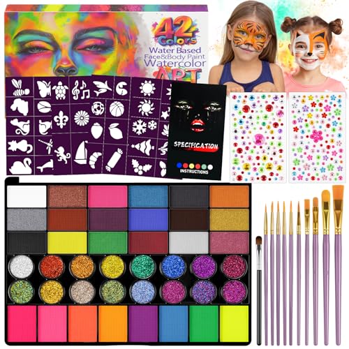 LOPHE Pintacaras infantis hipoalergénico, 42 cores pintura facial e corporal, pintura facial crianças com 11 pincéis 4 modelos 2 autocolantes diamantes, kit de maquilhagem Halloween carnaval festival