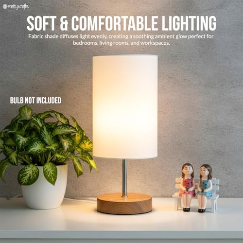 Image of PrettyKrafts Cylindrical Table Lamp with Wooden Base (Bulb Not Included) | 40 x 40 x 46 cm | Natural Color | Modern Decorative Bedside Desk Lamp, Nightstand & Living Room Lamp | Home Decor Lighting