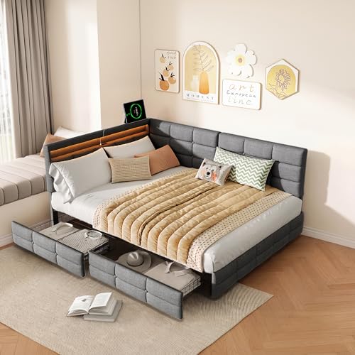 Henunem Canapé lit 140x190 avec éclairage LED et Prise USB,Cadre de Lits 140x190 avec Sommier à Lattes en Bois,Lit Banquette Lit Enfant avec 2 tiroir de...