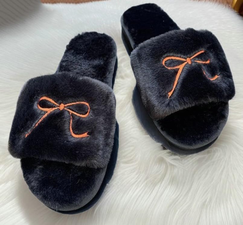 Furry Bow Knot Slippers for Women Open Toe Warm Fleece Lined Winter Slippers House Shoes Indoor Outdoor2