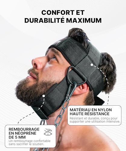 DMoose chaine musculation cou harnais pour la Formation de résistance Anneaux en D Extra-Lourds et chaîne en Acier, neck flex néoprène Comfort Fit, Extensible Durable – vue 5