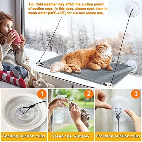Cat Window Bed Hammock Perch with Strong Suction Cups Windowsill Seat 62x33cm Sturdy and Comfy for Large Cats Perches Holding Up to 23kg Easy to Assemble (Grey-Flannel)