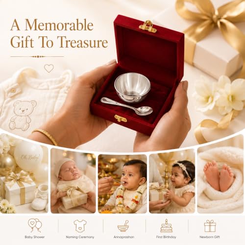 Image of 925 Sterling Silver Bowl and Spoon Set for Baby Feeding | Katori with Spoon | Premium Velvet Box | Handcrafted Feeding Set for Babies, Annaprashan, Newborn Gift