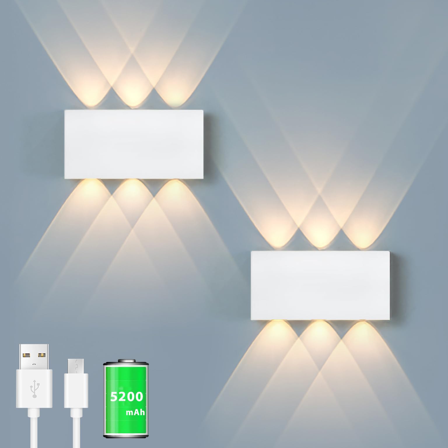 Akku Wandlampe, mit Touch Control Schalter LED Magnetisch Akku Wandleuchte 5000mAh Kabellose Wandlampe 3 Modi Helligkeitsstufen, ideal für Loft Flur Schlafzimmer (2pcs Weiß)