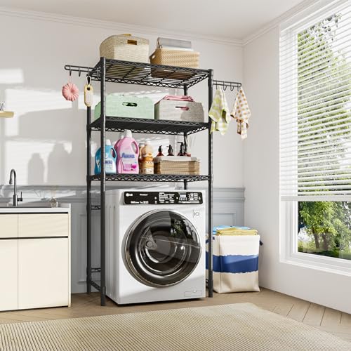 Forthcan Over the Washer and Dryer Storage Shelf Laundry Room Storage Organizer Rack Space Saver Shelves with 3 Tier Adjustable Height Shelving Units and Side Hook 35W x 13.4D x 75.6H (Black)