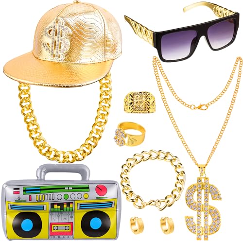 Peirich Kit de Costume Hip Hop, Accessoires de Rappeur des Années 80/90 pour Concerts de Rap, avec Boîte Radio Gonflable Lunettes de Soleil Chapeau et Or Signe de...
