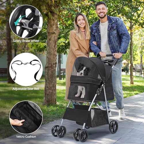YITAHOME Haustierbuggy für mittelgroße Hunde, 4-Rad-Hundebuggy mit Aufbewahrungskorb, faltbarer Haustier-Reisewagen mit Getränkehalter und Aufbewahrungskorb (Schwarz)