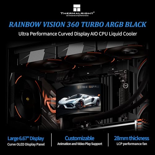 Image of Thermalright Rainbow Vision 360 Turbo ARGB Black 360mm Aio Cooler, 60HZ Curved Screen with 2400x1080 Resolution,for AM4 /AM5,Intel LGA1851 /1700,6.67in 3D with Magnetic Suction Screen,3000RPM Fan Speed