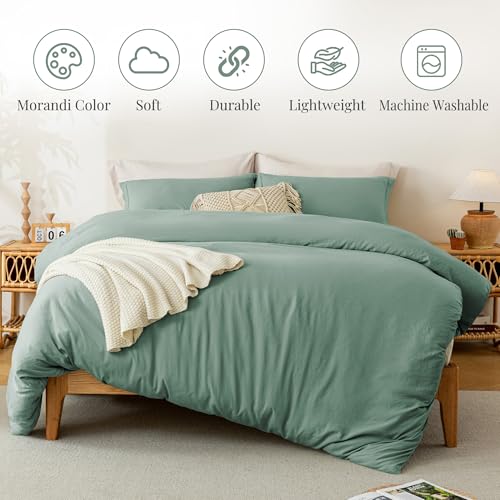 Image of MILDLY Duvet Cover Twin Ultra Soft Comforter Cover Set 2pcs, Sage Green | Washed Microfiber Cotton-Like, Breathable Comfort, Hidden Zipper, Corner Ties, OEKO-TEX Certified, Fade Resistant