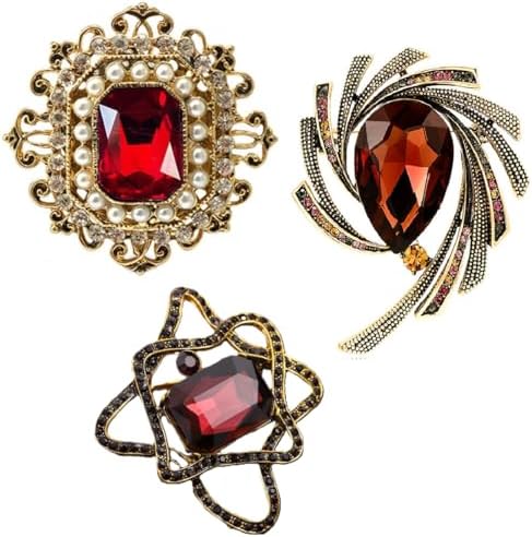 Vintage Style Crystal Rhinestone Brooch Set, Antique Gold Alloy with Red Gems, 2.36 Inch Decorative Pins, 3 Pack image 2